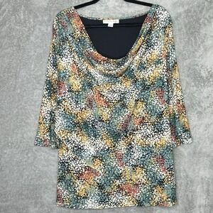 Emaline 2X Shirt Top Teal Blue Geometric 3/4 Sleeve Cowl Neck Stretch Womens